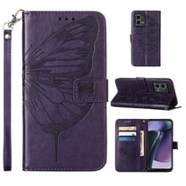 Feishell for Motorola Moto G Stylus 5G (2023) Flip Wallet Case with Wrist Strap,Butterfly & Flower Embossed Pattern PU Leather Magnetic Buckle Folio Credit Card Slots Kickstand Phone Case,Purple
