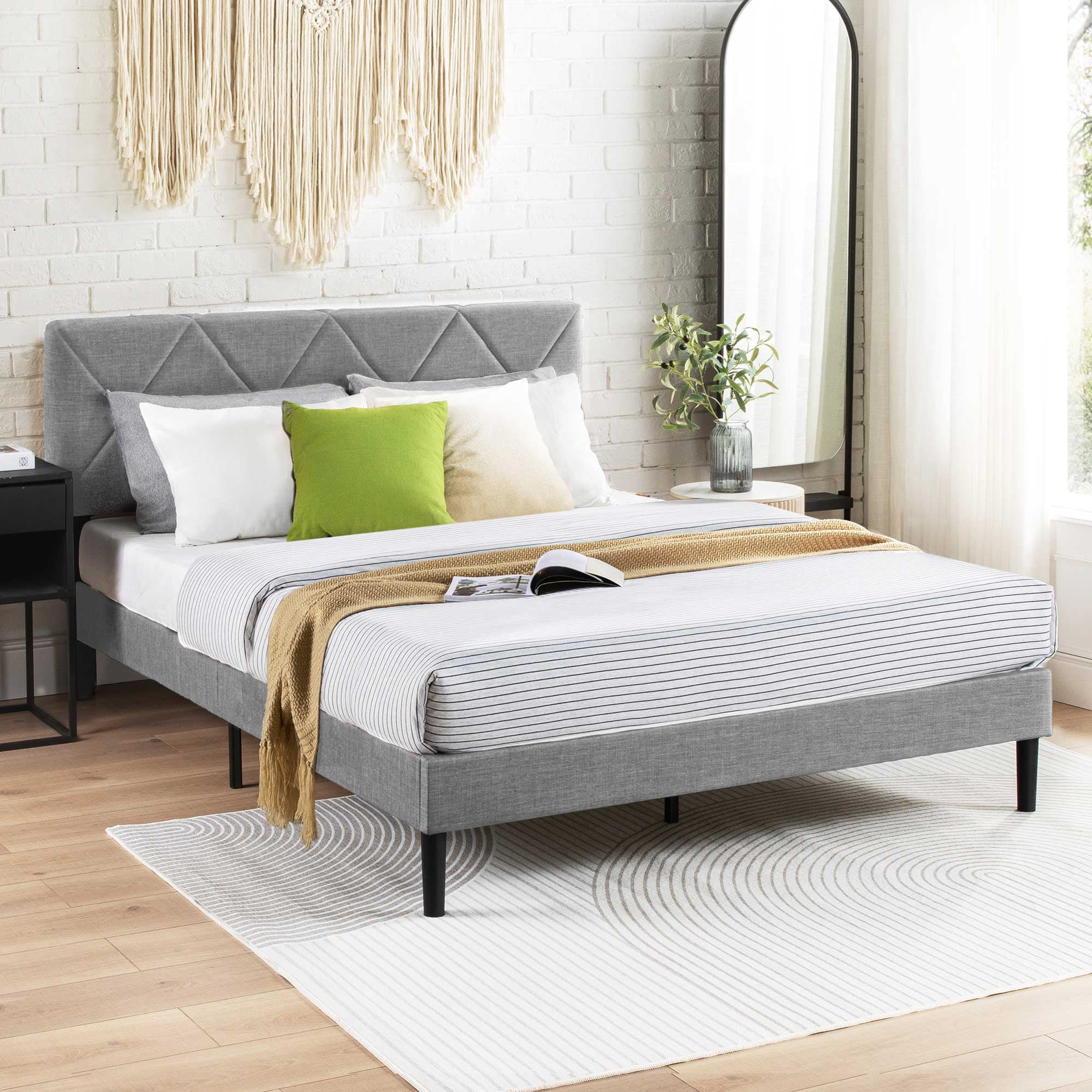Mellow Olena Upholstered Platform Bed Frame with Headboard, Light Grey, Queen