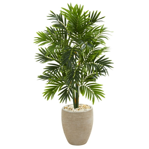 Nearly Natural 4ft. Areca Artificial Palm Tree in Sand Colored Planter, Green