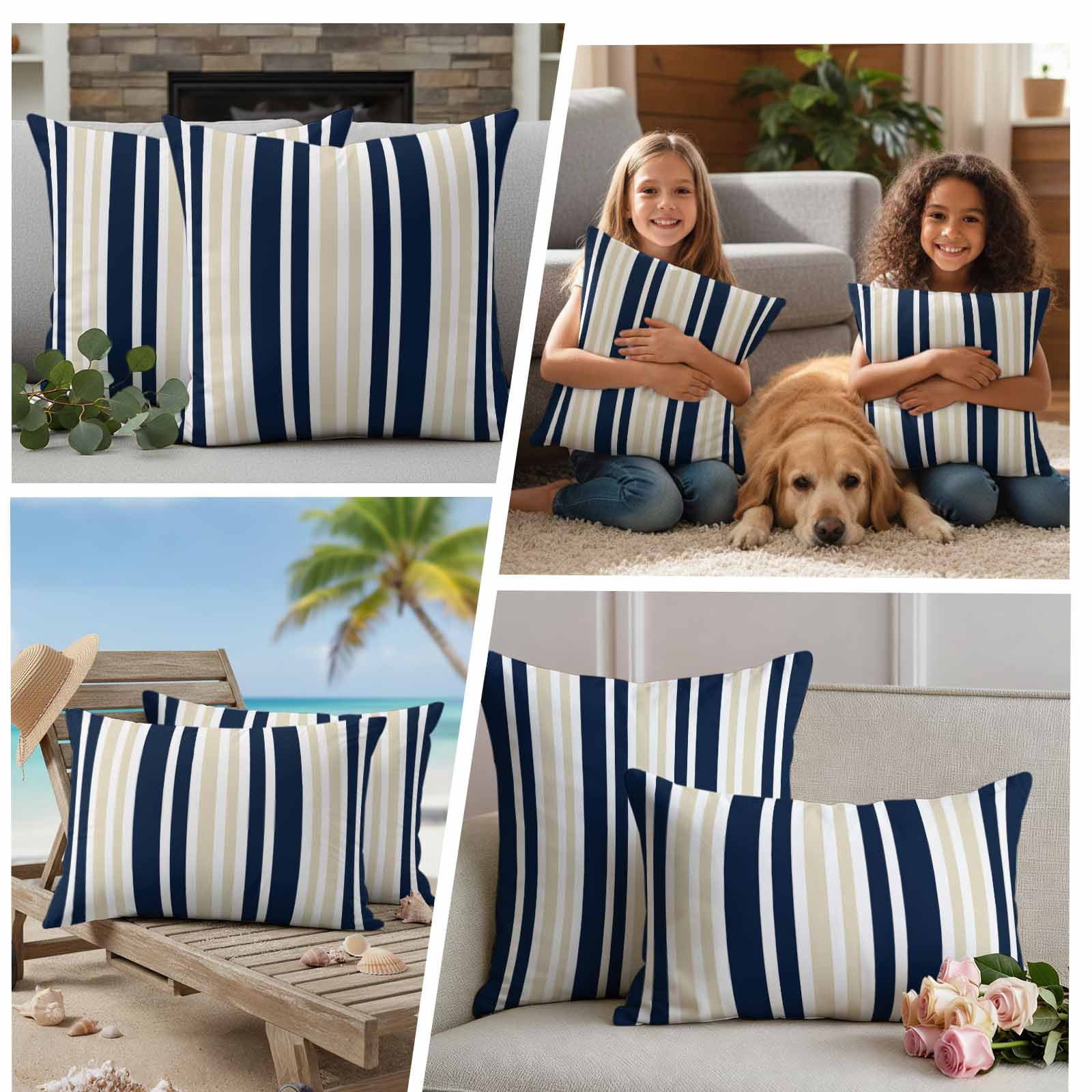 Navy Blue Khaki Striped Outdoor Waterproof Pillow Covers, Modern Minimalist Ombre Lines Decorative Square Throw Pillowcase Sofa Cushion Sham for Patio/Couch/Chair, 20"x20" 2 Pack