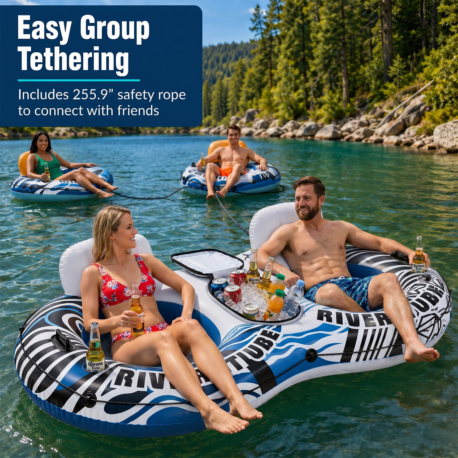 Alvantor 2 Person Inflatable River Tube Float, Heavy Duty River Float for Adults with Removable Cooler, Cup Holders, Durable Handles & GRAP Rope for Family Pool