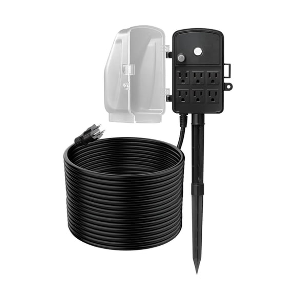 Outdoor Power Stake, 100 FT Extension Cord, Outdoor Power Strip Weatherproof with Cover and Overload Protection, 6 Outlets, 13A/1625W, Waterproof Multi-Outlet Yard Stake for Christmas Lights