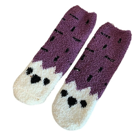 

VIEGINE Women Winter Thicken Fuzzy Warm Crew Slipper Socks Cartoon Cat Paw Stripes Print Cozy Fluffy Indoor Sleeping Hosiery