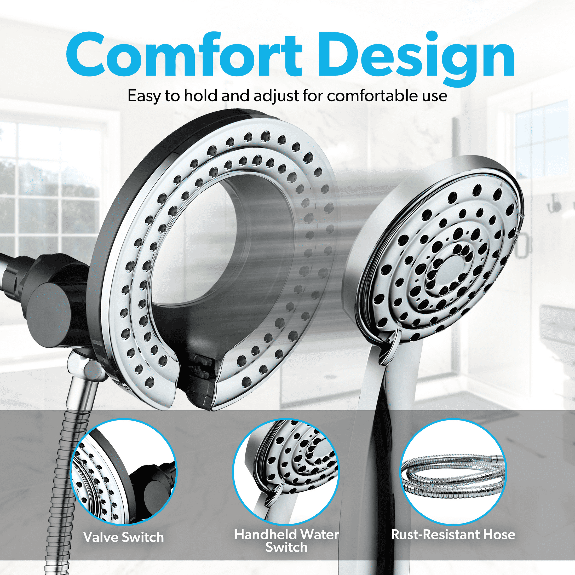 BLACK+DECKER Dual Shower Head with 5 Spray Settings and Detachable Wand and Stainless Steel Hose, Chrome