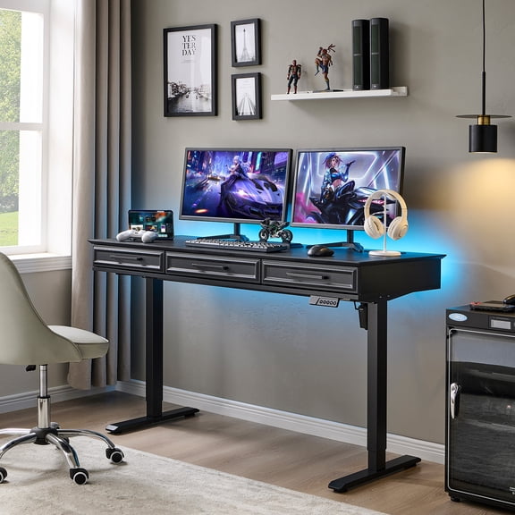 Aitjunz 55.1" Electric Standing Desk with 3 Drawers, Height-Adjustable Gaming Computer Desk with Memory Preset for Home Office, Black