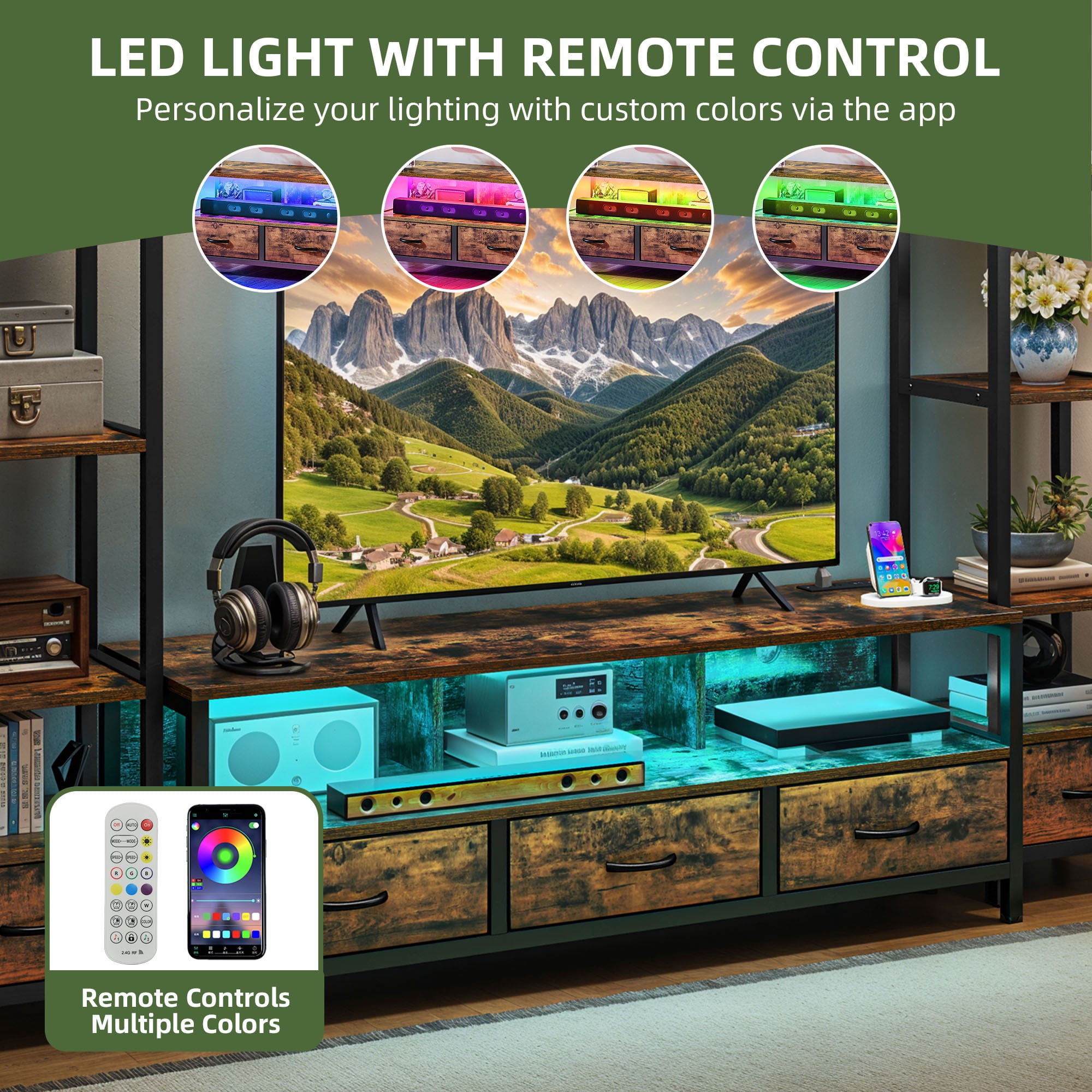 Uforic Modern Rustic Wood Metal Frame TV Stand with Remote Control LED Lights, USB Ports, Multi-Layer Storage Shelves & Fabric Drawers for Home Living Room, Rustic Brown