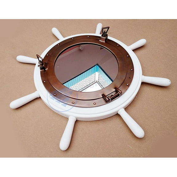 Nagina International 30" Classic White Nautical Ship Wheel with Antique Rustic Sparkling Porthole Mirror | Premium Home Decor | Maritime Ocean House Gift