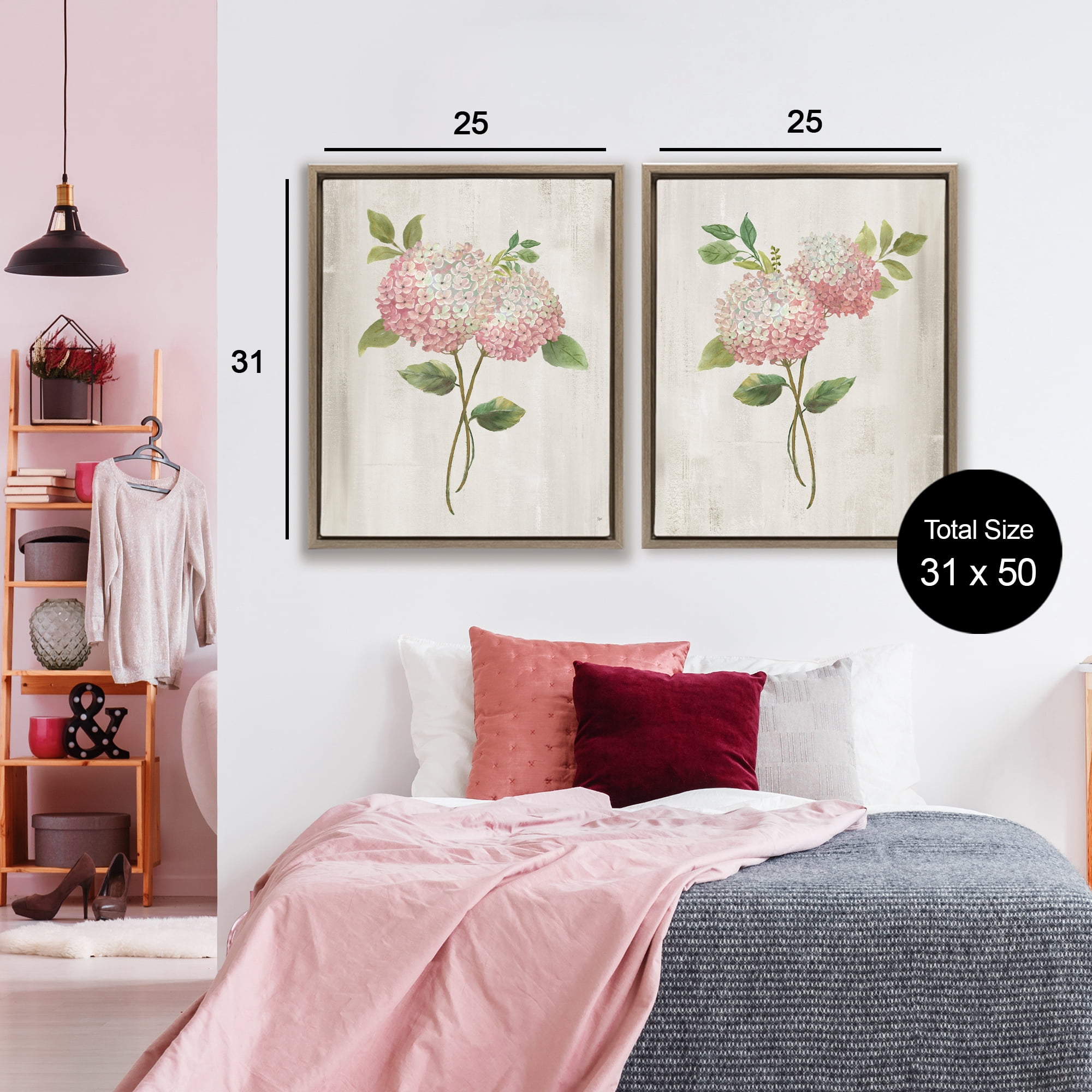 Stupell Industries Vintage Pink Hydrangea Pairs 2 Piece Brown Framed Floater Canvas Set, design by Nan