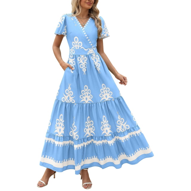 Vestido largo PRETTYGARDEN para mujer, verano 2025, cuello en V, estampado floral