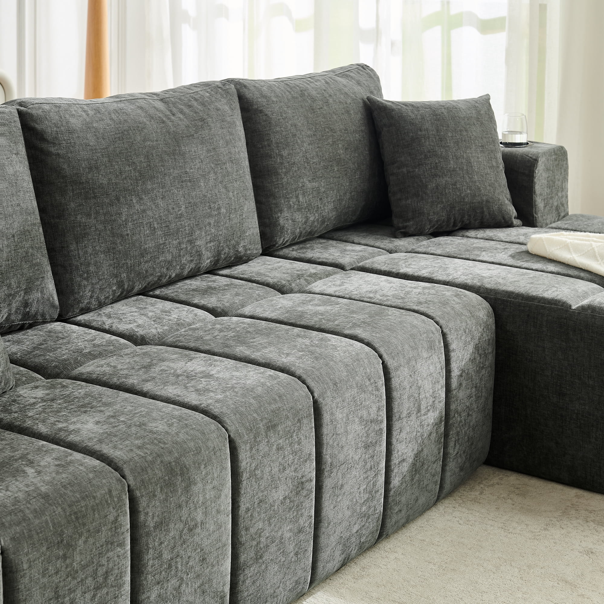Leumius 108" L-Shaped Sectional Sofa,Chenille Boneless Couch, Modern 3-Seat Upholstered Cloud Couch Sectional with Deep Seat and Cup Holders for Living Room,No Assembly Required,Dark Gray