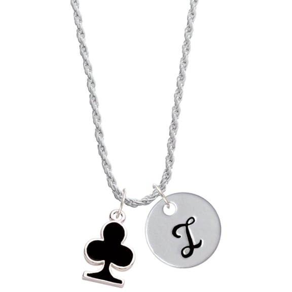 Delight Jewelry Silvertone Card Suit - Black Club Silvertone Script Initial Disc - I - Charm Necklace, 20"+3"