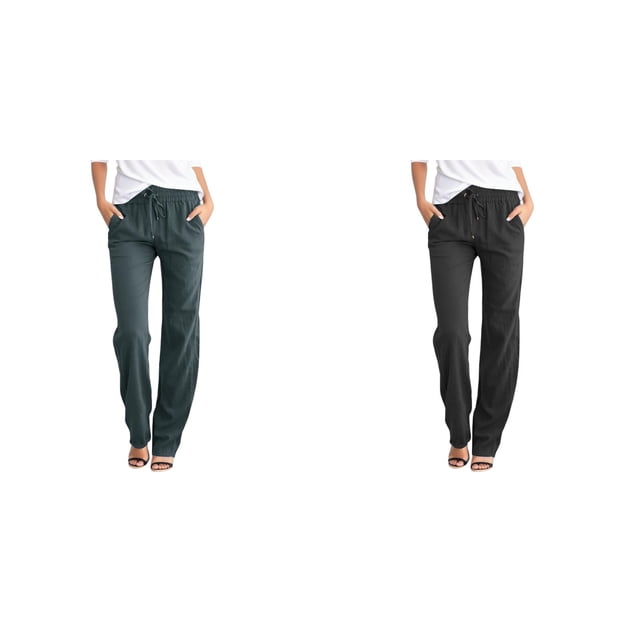 (2-Pack) Rinsvye Women Loose Linen Pants Drawstring Waist Casual Trousers Lightweight Summer Spring Autumn Bottoms For Street