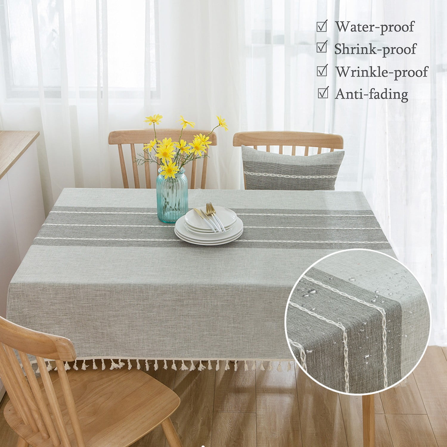 Table Cloth Tassel Cotton Linen Table Cover Heavy Duty Wrinkle Free