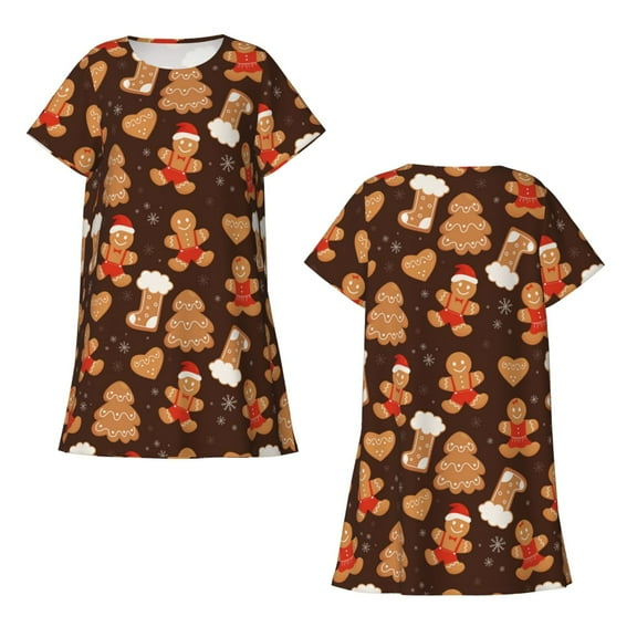 Horeoi Christmas Gingerbread Cookies Print Women's Short-sleeved Nightdress Breathable Cotton-like Material Loose A-line Knee-length