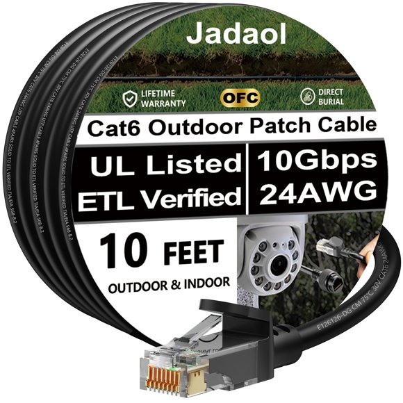 Cable Ethernet Jadaol Cat 6 de 3 m para exterior/interior, 10 Gbps, negro