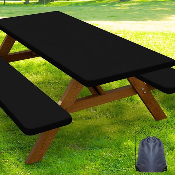 ARLAJO Picnic Table Cover with Bench Covers,Waterproof Elastic Fitted Polyester Tablecloths for 6 Ft Rectangle Tables,Washable Windproof Tablecloth for Camping,Rv & Outdoor (Black,30X72"Es)