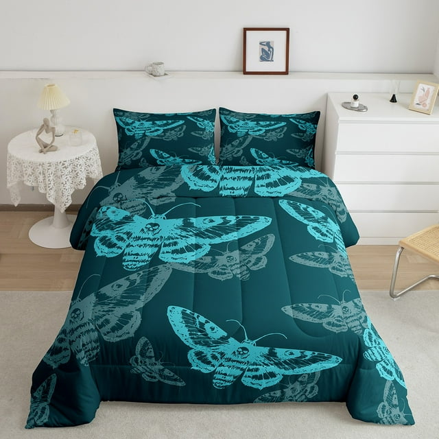 Erosebridal Boho Skull Bedding Full Comforter Set, Skeleton Moth Down Comforter, Red Gold, Reversible 3 Pieces