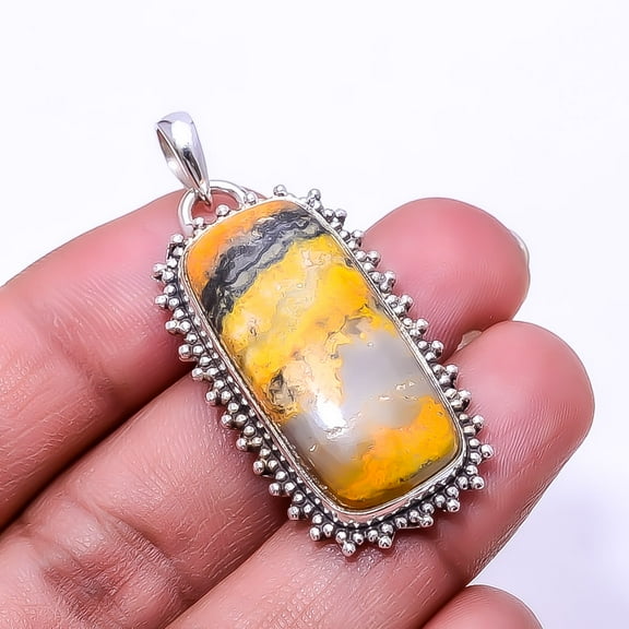 Bumble Bee Jasper -Indonesia 925 Sterling Silver Bali Pendant 1.76", Yellow Bumble Bee Jasper Pendant P_8001_322_4, New Year Sale, Valentin's Day Gift