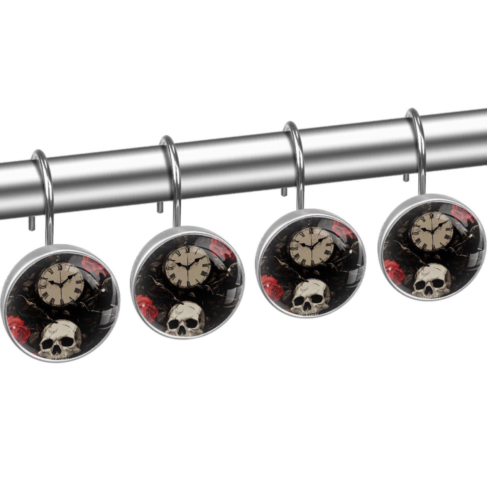 Skull Black Crow Red Roses Shower Curtain Hooks Round Crystal Glass, Set of 12 Shower Curtain Rings - Shower Hooks for Curtain Shower Rings