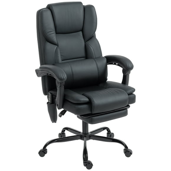 HOMCOM Black Pet-Friendly Faux Leather Office Chair with Lumbar Support & Retractable Footrest, 26.4"W x 25.6"D, 6-Point Vibration Massage, Ergonomic Swivel Desk Computer Chair for Home Office