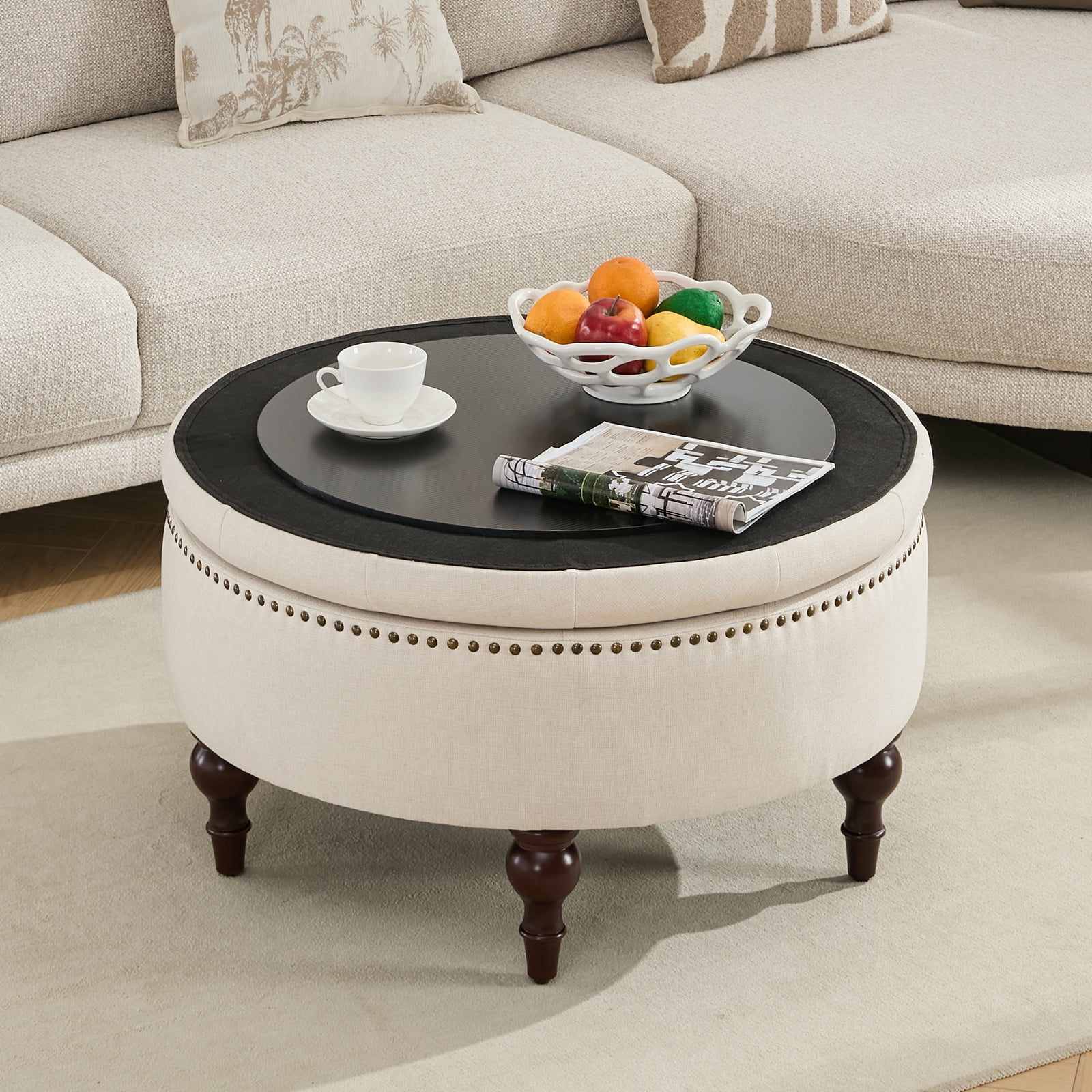 JURANYAZHU 31.5 Inch Oversized Storage Ottoman, Upholstered Storage Seat, with Reversible Lid, Multifunctional As a Coffee Table, Linen Fabric, for Living room,Bedroom,Beige