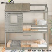 Bellemave Twin over Twin Bunk Bed for Kids, Twin House Bunk Bed with Roof, Window, Guardrail and Ladder, Low House Bunk Bed/Wood Playhouse Bunk Bed for Kids, Girls, Boys(Antique Gray)