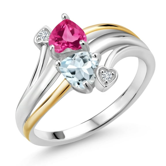 Gem Stone King 925 Silver and 10K Yellow Gold Pink Created Sapphire Sky Blue Aquamarine and Lab Grown Diamond 2 Heart Promise Couple Engagement Mother Ring (1.03 Cttw, Size 9)