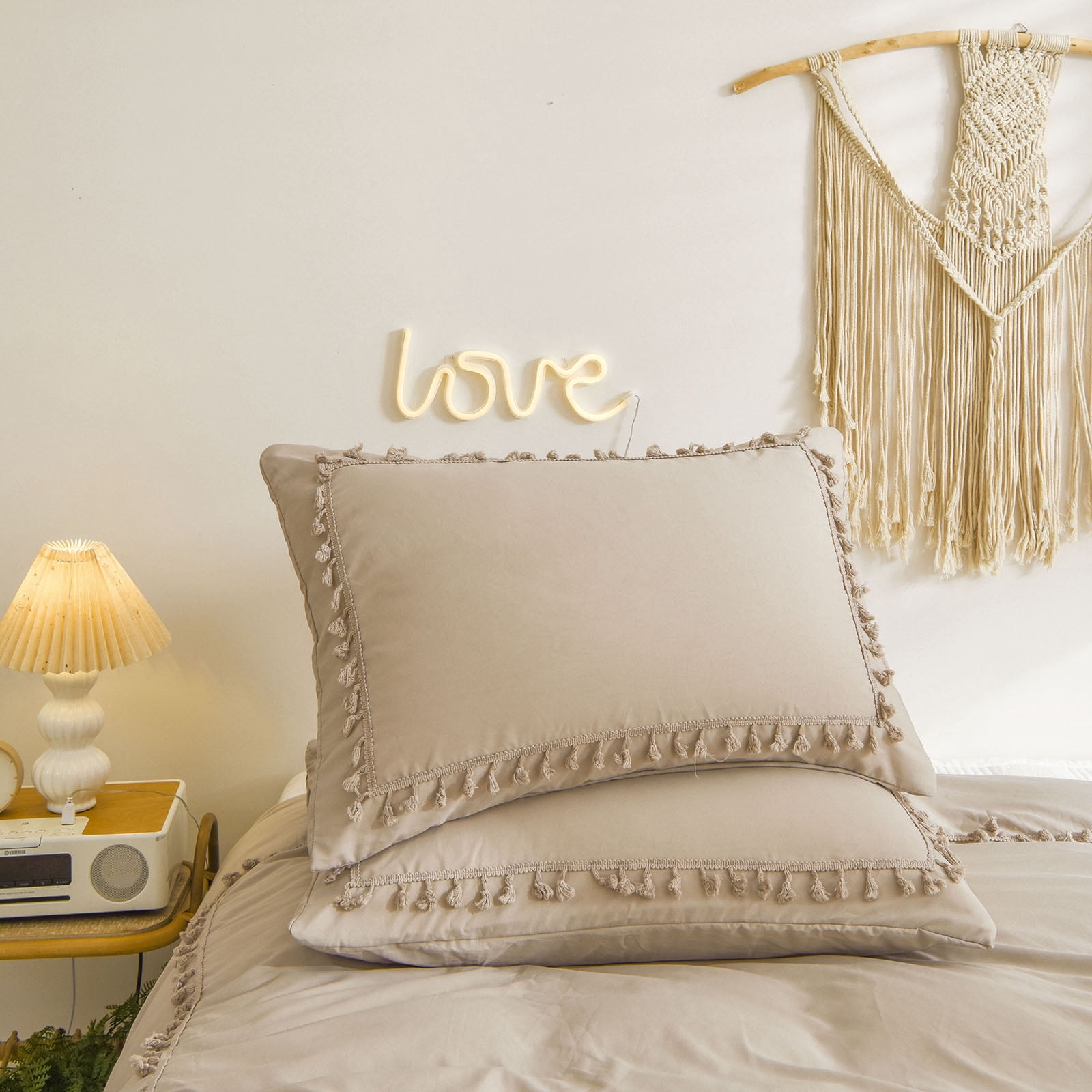 Move Over Taupe Tassel Bedding Set Ruched Tassel Duvet Cover Set Pinched Pattern Washed Microfiber Queen No Filling