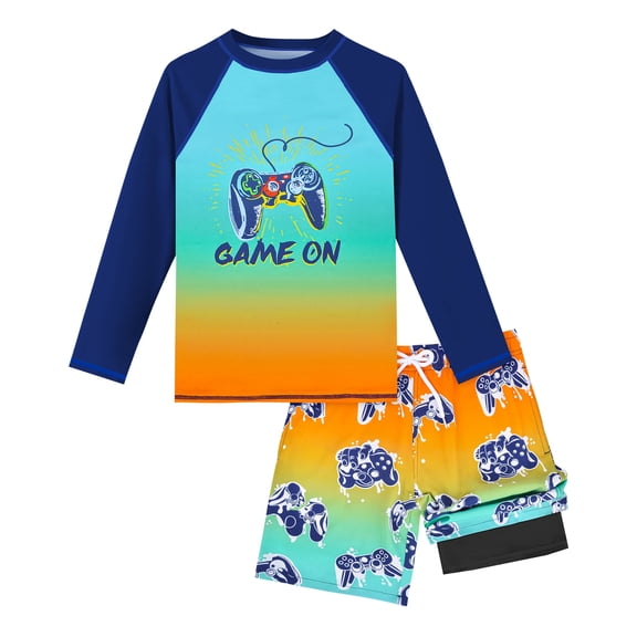 Boys Rash Guard Swim Set with Swim Trunks Bathing Suit Long Sleeve Swim Shirt Quick Dry Swimsuit Kids Swimwear Size 7-16