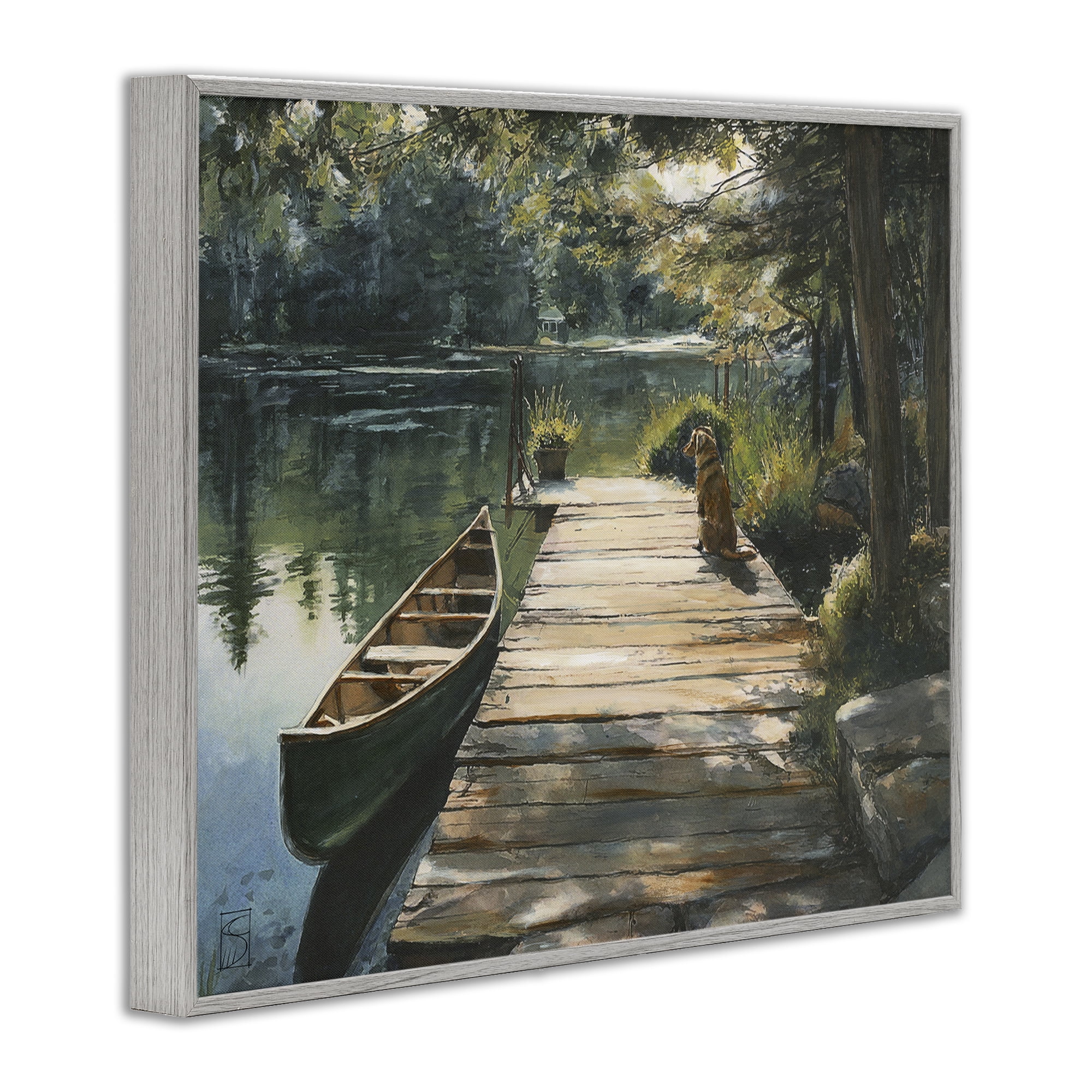 Lake Life Dog on Dock Gray Framed Giclee Art, design by Sara Culpepper