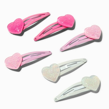 Claire's Club Little Girls Pink and White Heart Charm Hair Clips with Glitter, 6-Pack