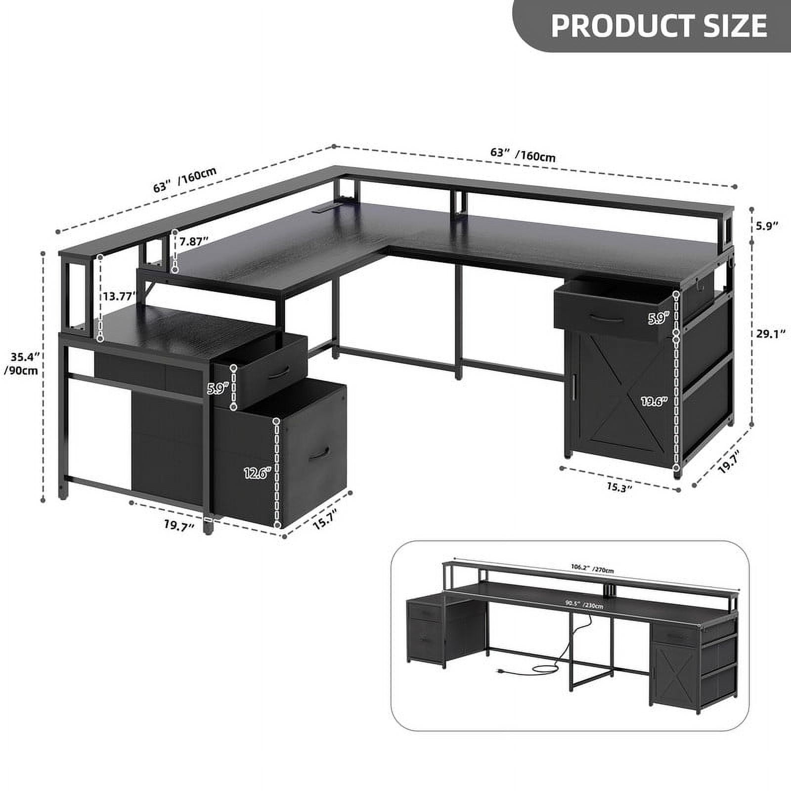 Uforic L Shape Desk with 3 Drawers& Monitor Stand, Reversible Computer Desk with LED Light& Power Outlet, Corner Gaming Desk Home Office Desk, Black