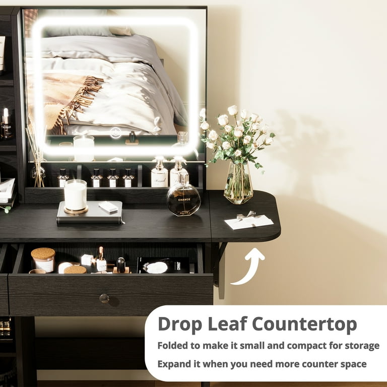 IRONCK Vanity Desk with LED Mirror, Power Outlet, Makeup Table