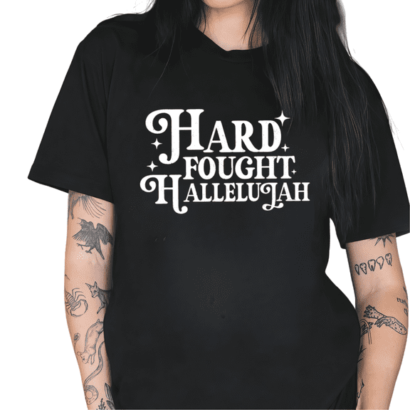 Cozymy Women's "Hard Fought Hallelujah" Christian Quote Graphic Short Sleeve Crew Neck T-Shirt Casual Cotton Top