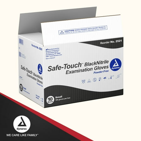 Dynarex Safe-Touch Black Disposable Nitrile Exam Gloves, Powder-Free, Used in Healthcare & Professional Settings, Law Enforcement, Tattoo, Salon or Spa, Small, 1 Case Includes 10 Boxes of 100 Gloves