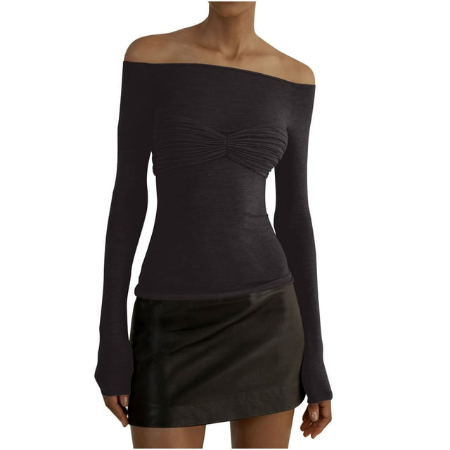 FAIWAD Women Off Shoulder Crop Tops Long Sleeve Slim Stretch Ruched Solid Color Pullover Tops