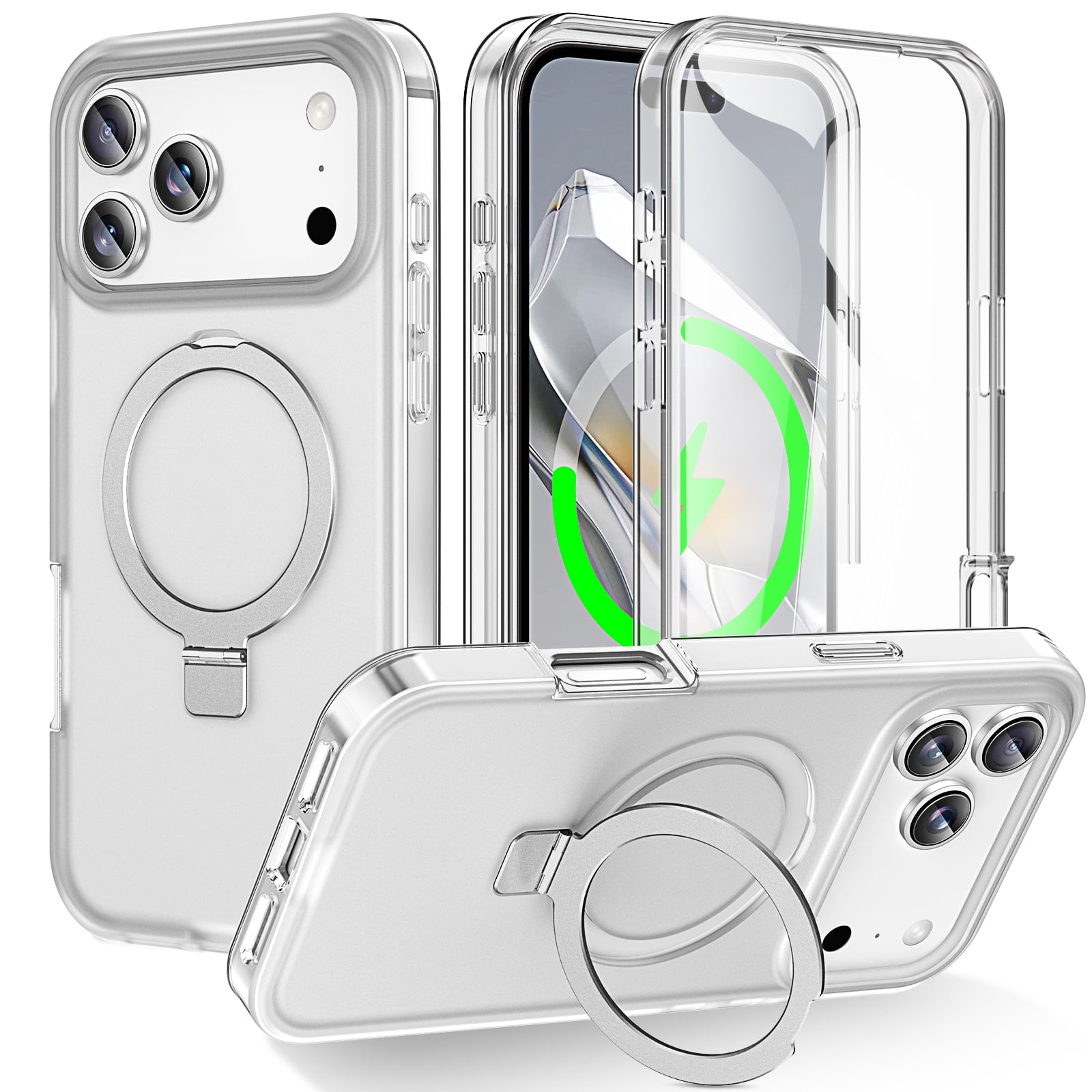 Dteck Magnetic Case for iPhone 17 Pro Max,Shockproof Ring Holder Stand Case Built-in Screen Protector Compatible with Mag Safe Matte Translucent Back Cover,Frosted Clear