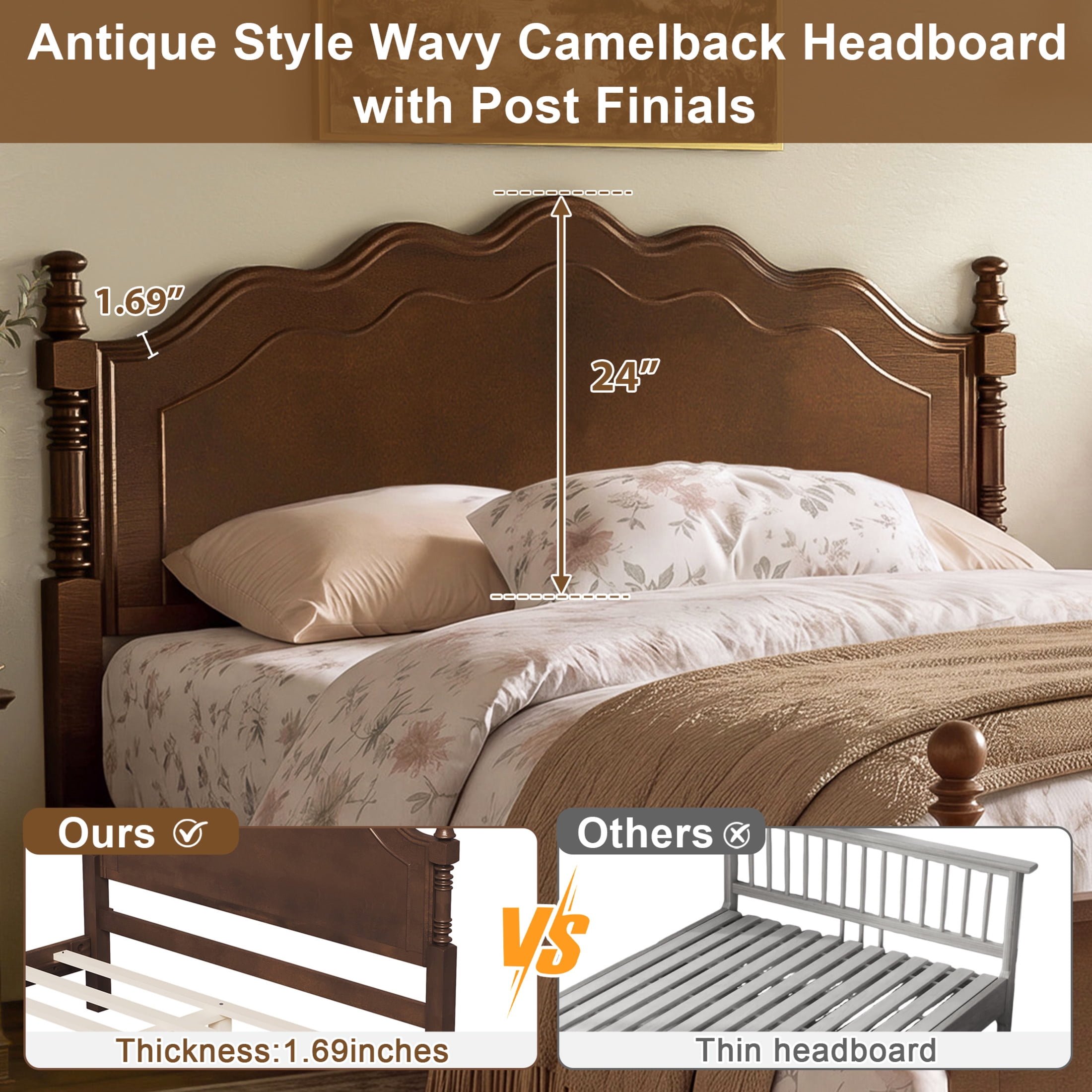 Noble House Queen Size Wood Platform Bed with Curved Headboard, Spindle Posts, Espresso