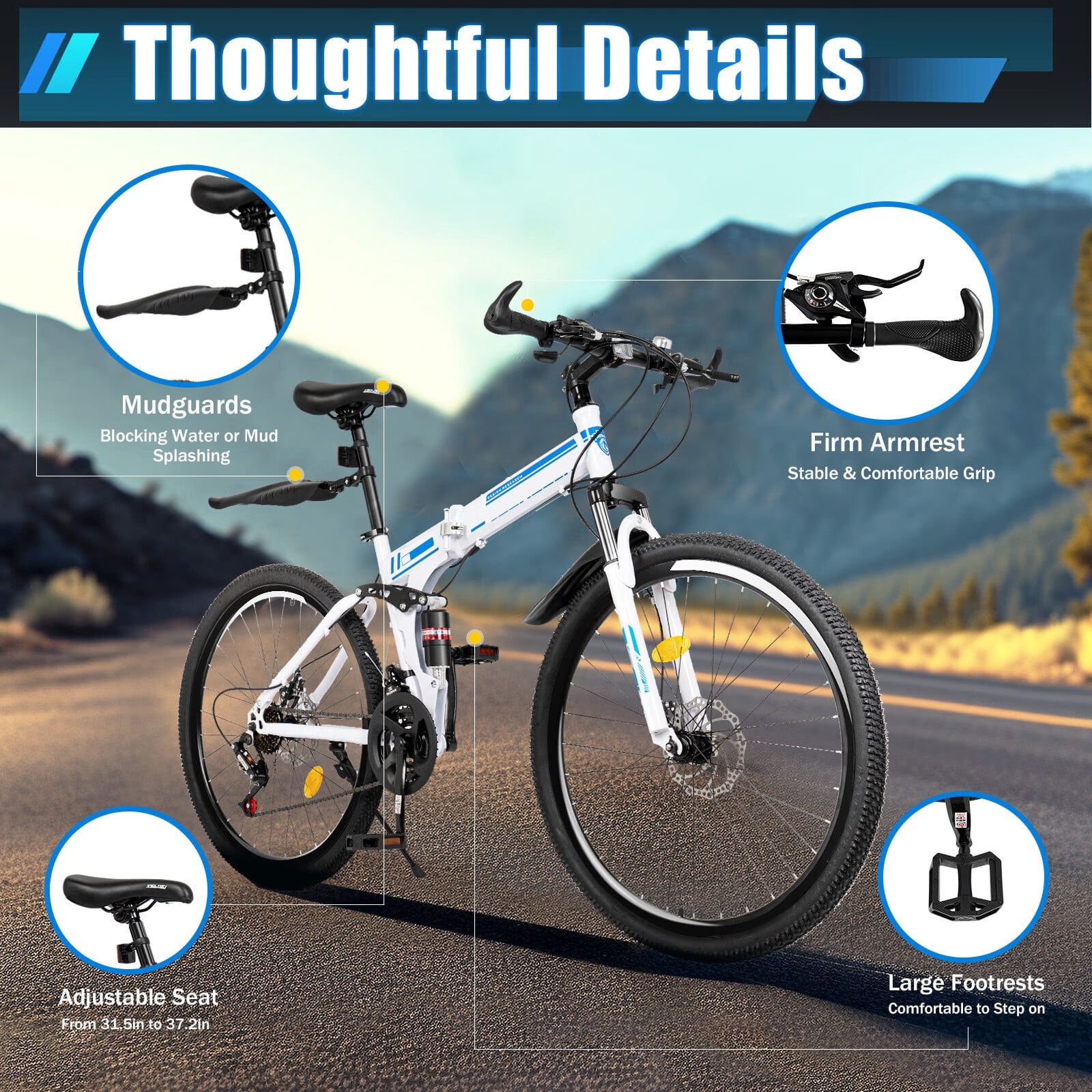 Aiqidi 26" Mountain Folding Bike with 21-Speed Gears Dual-Disc Brake Unisex Adult Mountain Bicycle Adjustable for Riding Traveling