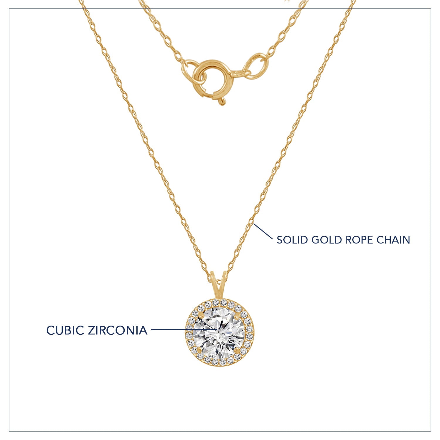 DIAMONBLISS 10K Real Solid Gold Halo Necklace for Women | 10K Yellow Gold Round Halo Pendant Necklace | 3 Carat Cubic Zirconia CZ Diamond Simulant