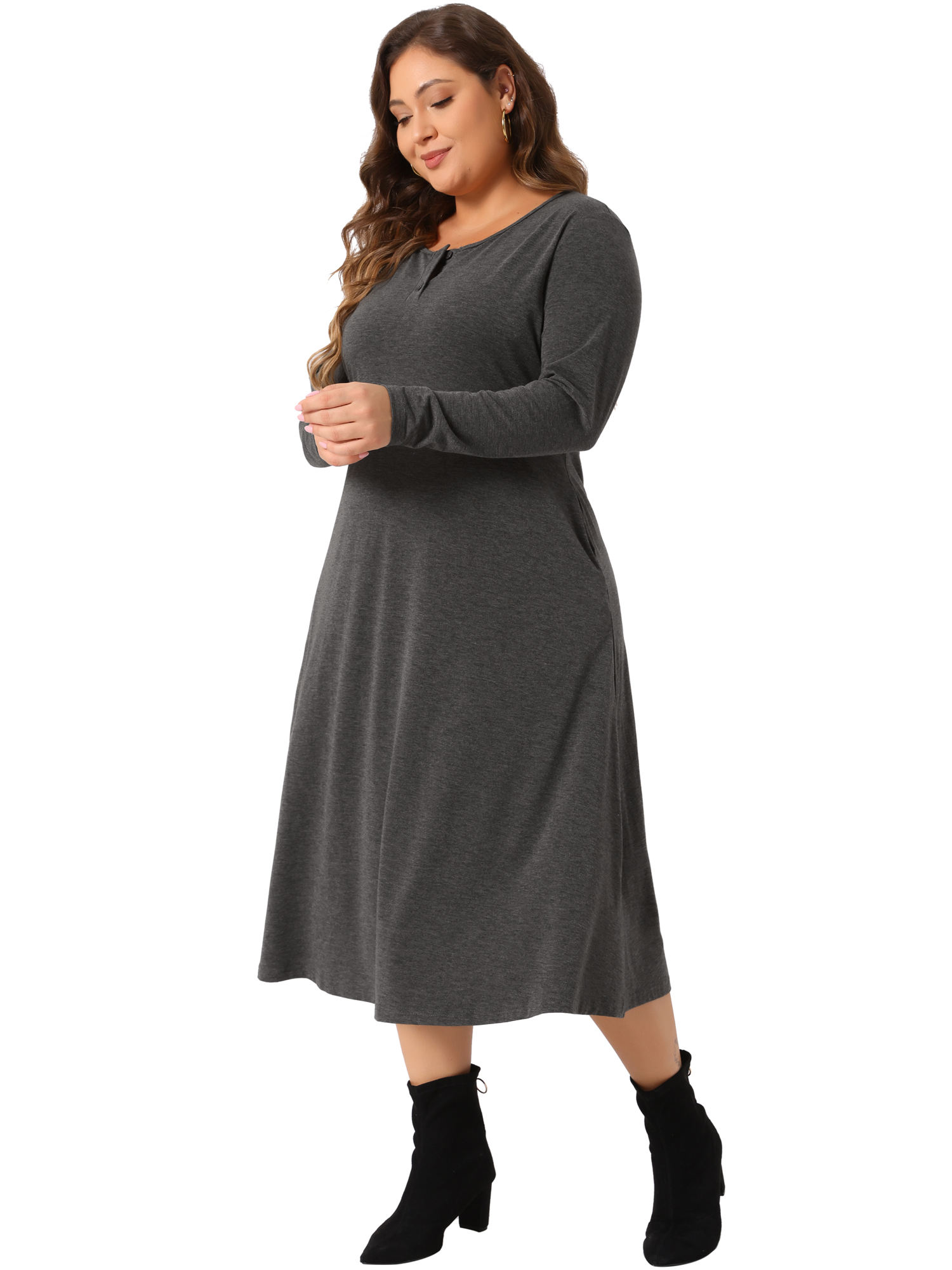 DARING DIVA Plus Size T-Shirt Crew Neck Button Long Sleeve Dress 1X Dark Gray