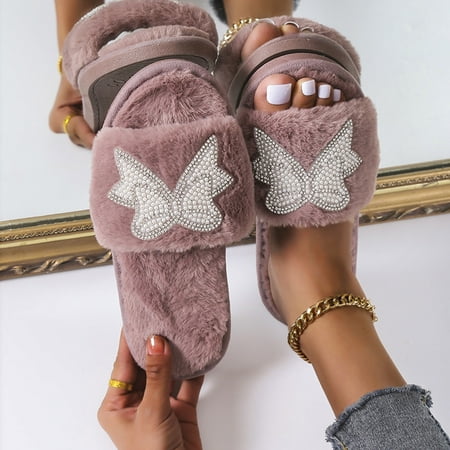 

purcolt Women s Non-Slip Open Toe Fuzzy Slippers Butterfly Pearl Soft Cozy House Slippers Coral Fleece Warm Furry Slides Fluffy Plush Flat Sandals Home Shoes Indoor Outdoor
