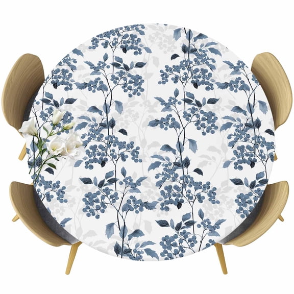 Round Table Cover 55-60 Inch Blue Fruit Waterproof Reusable Table Cloth Round Fitted Vinyl Tablecloth with Elastic Edged for Parties Outdoors, Vintage Plant Nature Botanical Flower Floral