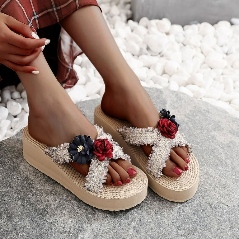 Christmas Gifts Deals 2022,Jovati Women's Wide Width Sandals Bohemia Flower  Beach Flipflops Sandals Summer Slip On Open Toe Comfort Flat Slippers on