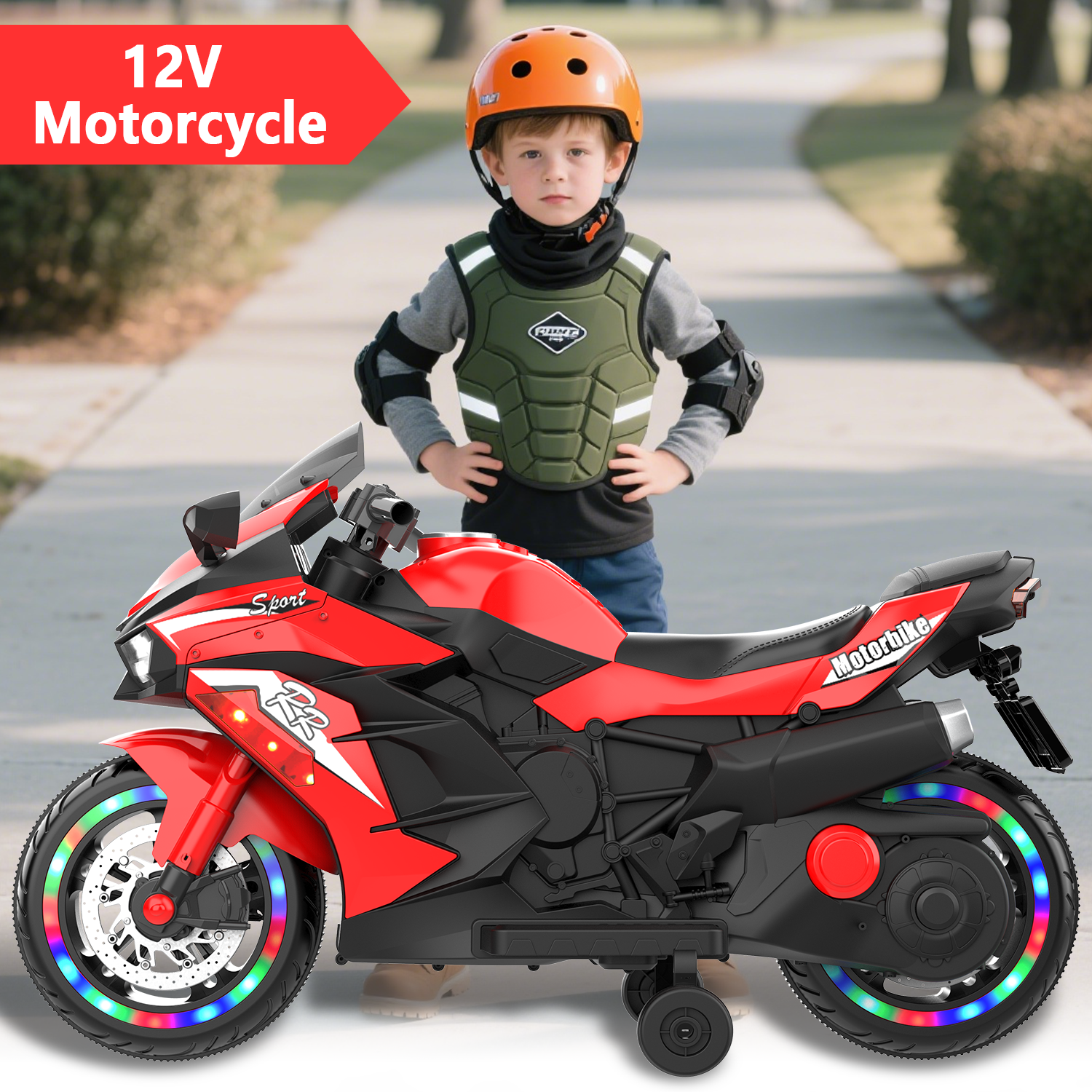 YOMYM 12V Kids Electric Motorcycle, Battery Powered Ride-On Toy with Training Wheels for Boys & Girls Ages 3-6, Bluetooth Music & LED Lights, RED