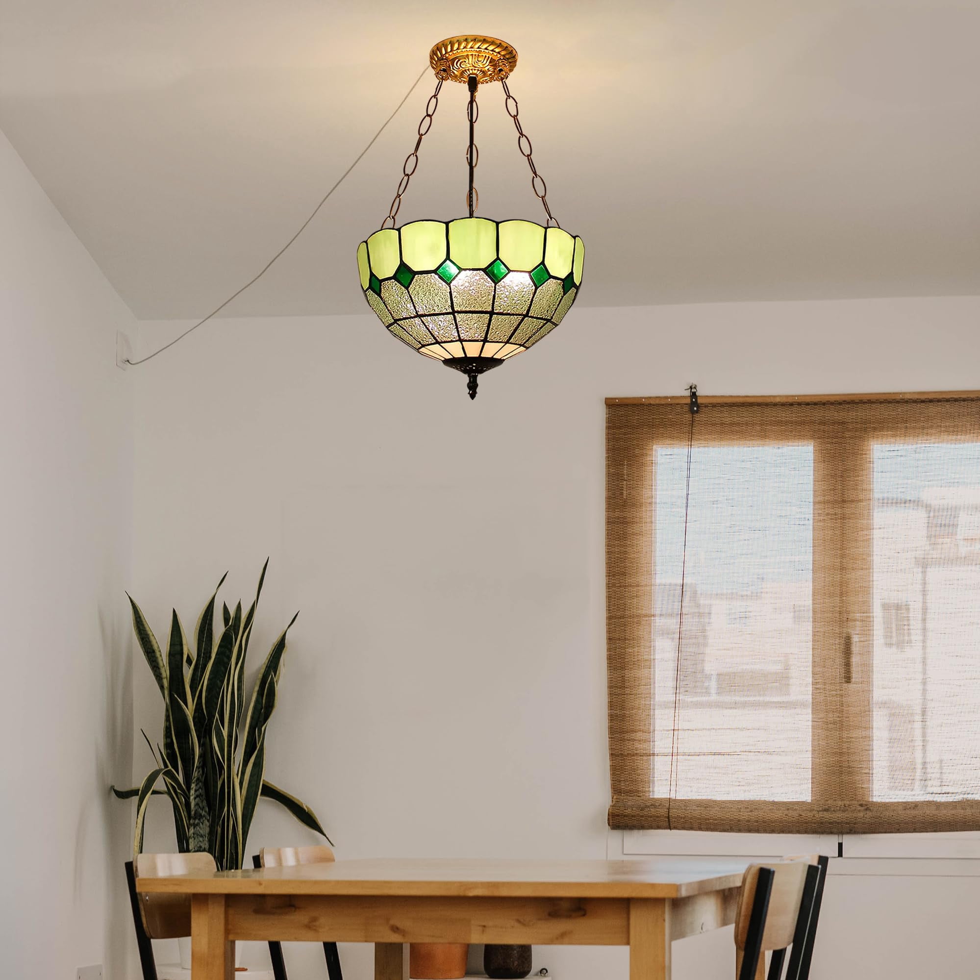 Kiven 11.8in Plug-in Flush Mount Ceiling Light Fixture, 3-Light Anti Glare Close to Ceiling Light with 15FT Cord, Tiffany-Style Glass Chandelier Dimmable for Bedroom Kitchen Hallway(No.3226-GN)