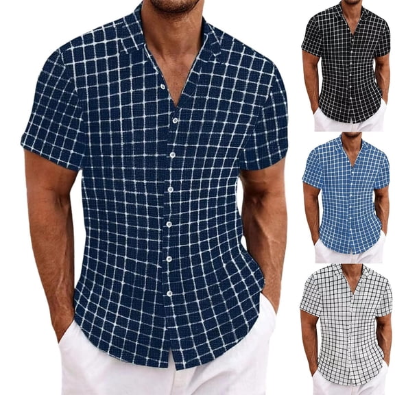 Miluxas Mens Short Sleeve Button Down Shirt Plaid Button Up Shirts Casual Work Shirts White XL(XL)