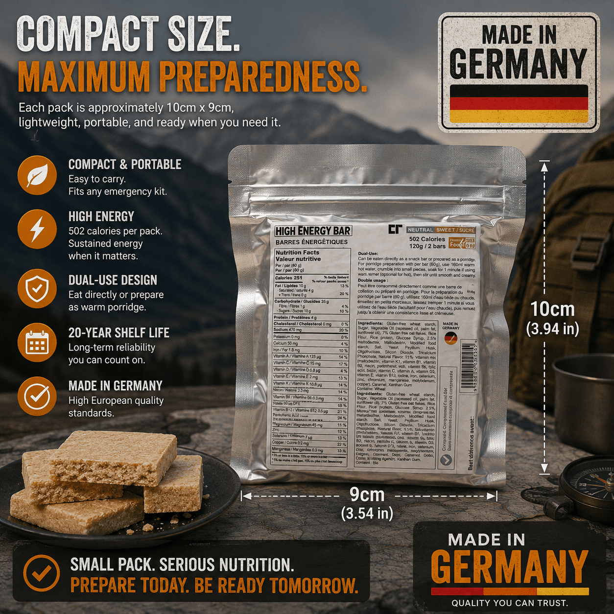 PEAK4RATION Emergency Ration Bars 4518kcal 1.08kg/9bags Neutral Sweet | Long Shelf-Life Survival High Energy Biscuits with Hot Porridge Option | MRE Emergency Preparedness Food Bar - Made in Germany