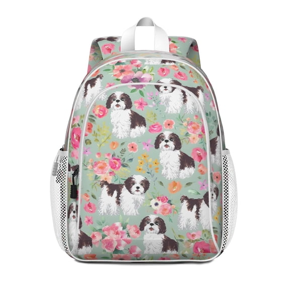 Shih Tzu Dog and Flower Floral Backpack for School,Cute School Bag,Schoolbag with Adjustable Shoulder Straps & Padded Back,15"x11.42"x5.5"