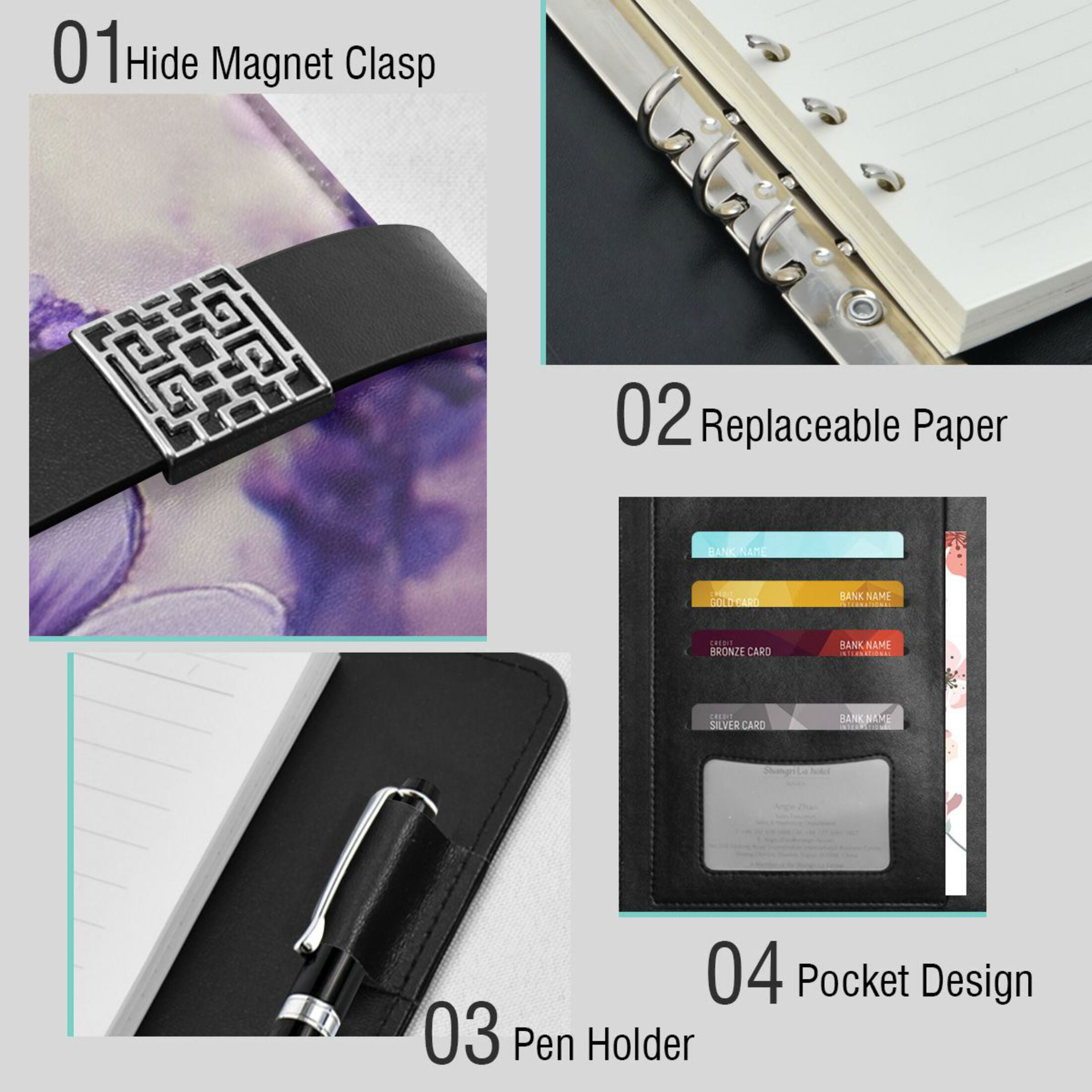 Purple Beautiful Flowers Leather Journal Notebook for Men Women A5 Hardcover Notebook with Pockets for Work Business Travel